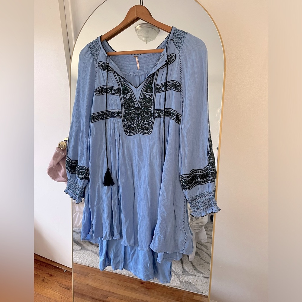 Free People Blue Wind Willow Crepe Dress With Embroidery Peasant Dress Size xs